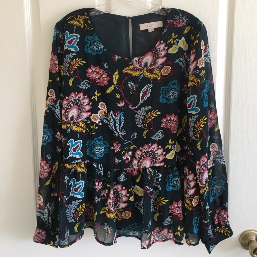 🦋 LOFT Teal Floral Peplum Blouse